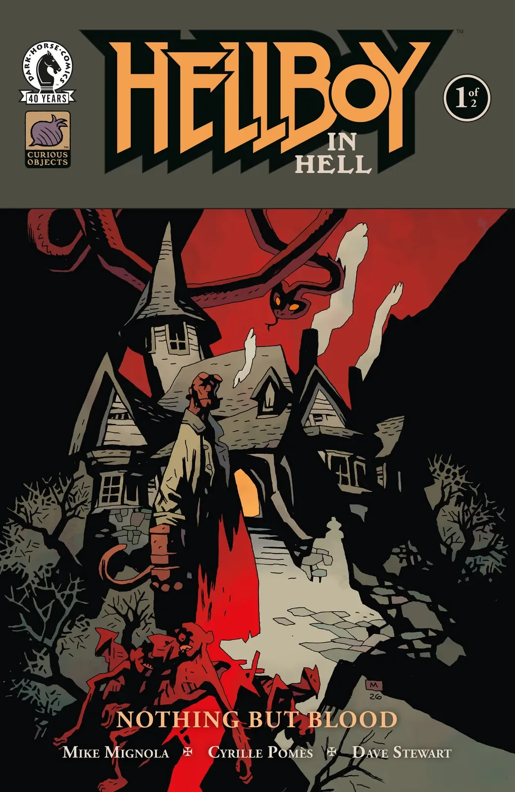 Okładka komiksu „Hellboy in Hell: Nothing but Blood” z Hellboyem w mrocznej, piekielnej scenerii.